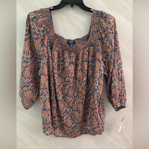 Chaps Women’s 2X Blue Floral Square Neck 3/4 Sleeve Gauzy Blouse NEW!!! - Picture 1 of 9